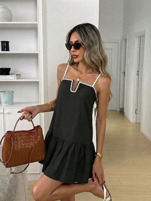 Easowa Color Block Ruffled Hem A-Line Mini Dress For Women Black And White Checkered Summer Casual Chic Brunch Vacation Elegant Vintage Holiday Loose
