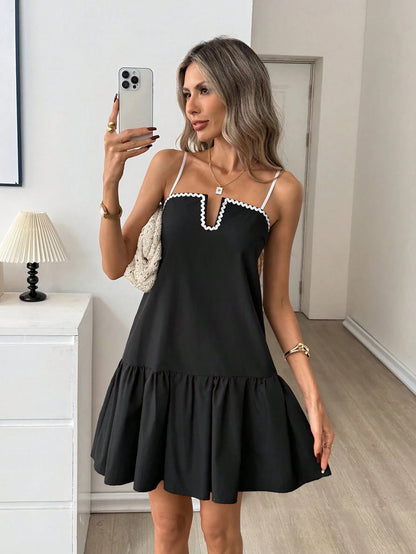 Easowa Color Block Ruffled Hem A-Line Mini Dress For Women Black And White Checkered Summer Casual Chic Brunch Vacation Elegant Vintage Holiday Loose