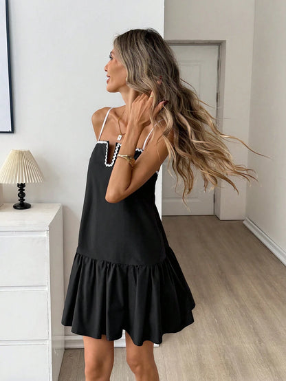 Easowa Color Block Ruffled Hem A-Line Mini Dress For Women Black And White Checkered Summer Casual Chic Brunch Vacation Elegant Vintage Holiday Loose