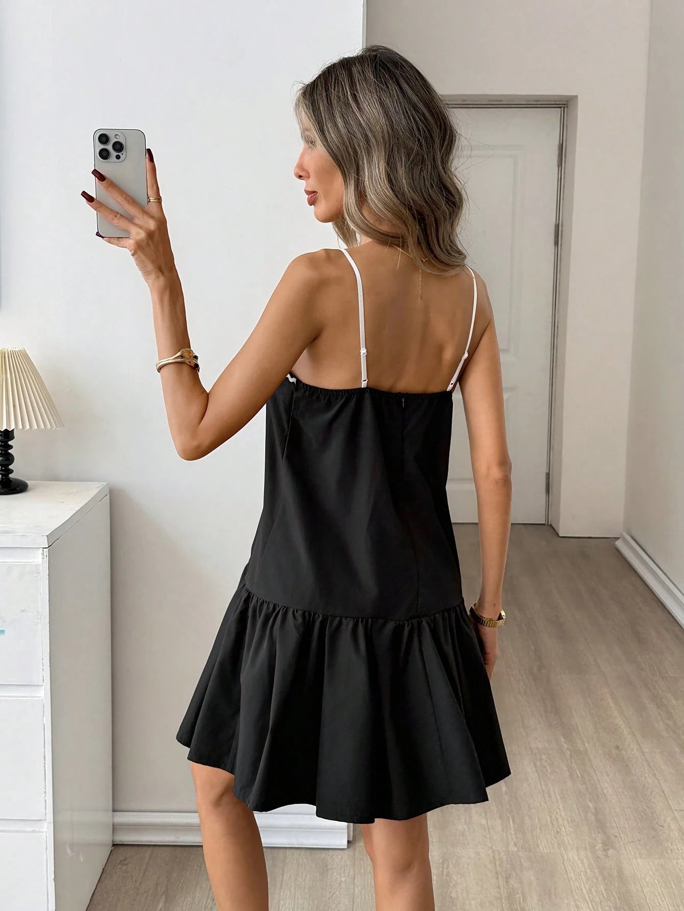 Easowa Color Block Ruffled Hem A-Line Mini Dress For Women Black And White Checkered Summer Casual Chic Brunch Vacation Elegant Vintage Holiday Loose
