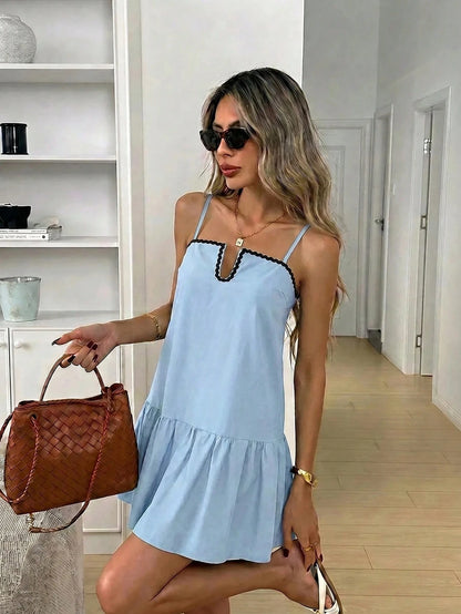 Easowa Color Block Ruffled Hem A-Line Mini Dress For Women Black And White Checkered Summer Casual Chic Brunch Vacation Elegant Vintage Holiday Loose