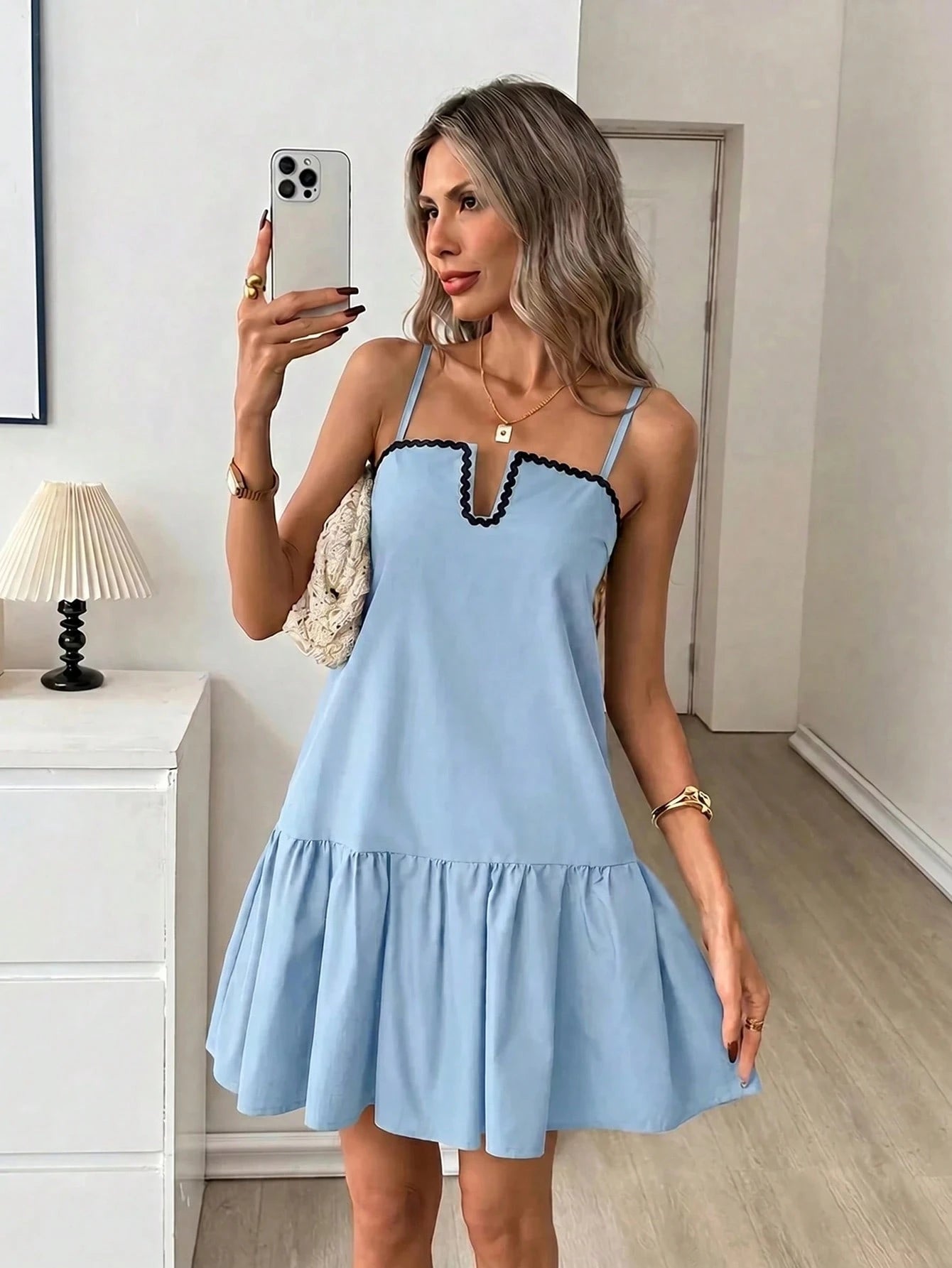 Easowa Color Block Ruffled Hem A-Line Mini Dress For Women Black And White Checkered Summer Casual Chic Brunch Vacation Elegant Vintage Holiday Loose