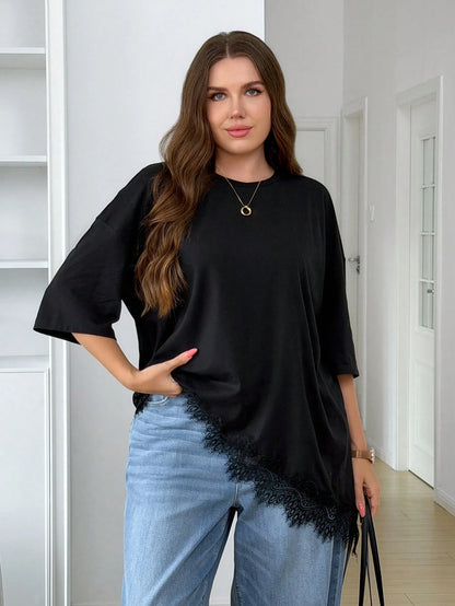 Easowa Curve Plus Size Women's Black Autumn Elegant Business Casual Tea Party Office Concert Lace Trim Asymmetrical Hem T-Shirt Solid Color Patchwork Top Vacation