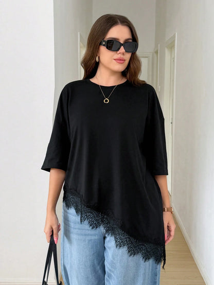 Easowa Curve Plus Size Women's Black Autumn Elegant Business Casual Tea Party Office Concert Lace Trim Asymmetrical Hem T-Shirt Solid Color Patchwork Top Vacation