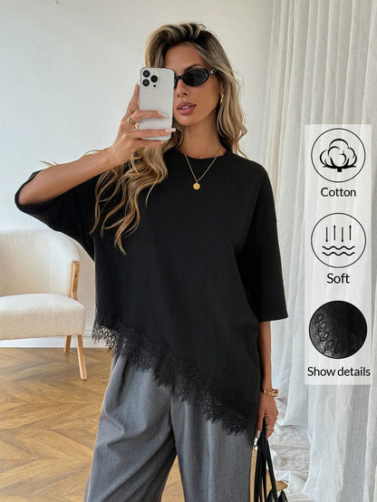 Easowa Curve Plus Size Women's Black Autumn Elegant Business Casual Tea Party Office Concert Lace Trim Asymmetrical Hem T-Shirt Solid Color Patchwork Top Vacation