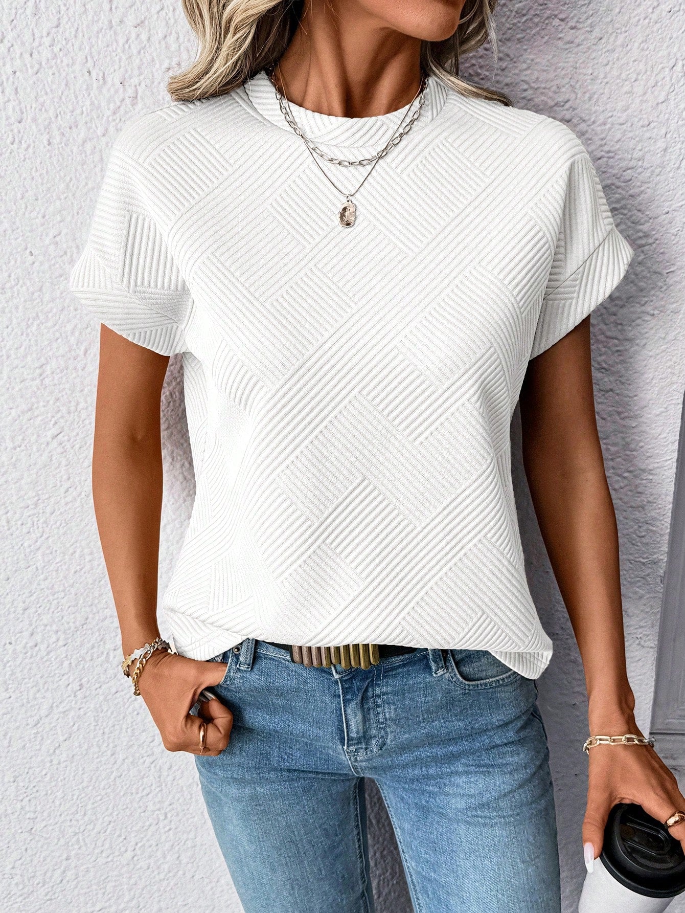 Easowa Round Neck Short Sleeve Apricot Textured Fabric Women T-Shirt With Bat Print