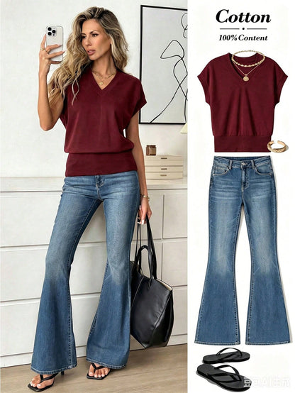 Easowa Women's Casual V-Neck Batwing Sleeve T-Shirt, Solid Color, Summer Tops Jeans Clothes Ladies Outfits Blouses Demin Sets Office Brunch Everyday Burgundy