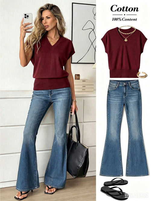 Easowa Women's Casual V-Neck Batwing Sleeve T-Shirt, Solid Color, Summer Tops Jeans Clothes Ladies Outfits Blouses Demin Sets Office Brunch Everyday Burgundy
