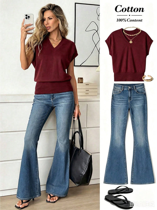 Easowa Women's Casual V-Neck Batwing Sleeve T-Shirt, Solid Color, Summer Tops Jeans Clothes Ladies Outfits Blouses Demin Sets Office Brunch Everyday Burgundy