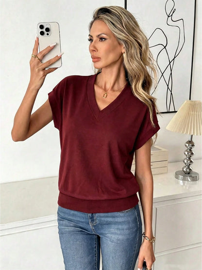 Easowa Women's Casual V-Neck Batwing Sleeve T-Shirt, Solid Color, Summer Tops Jeans Clothes Ladies Outfits Blouses Demin Sets Office Brunch Everyday Burgundy