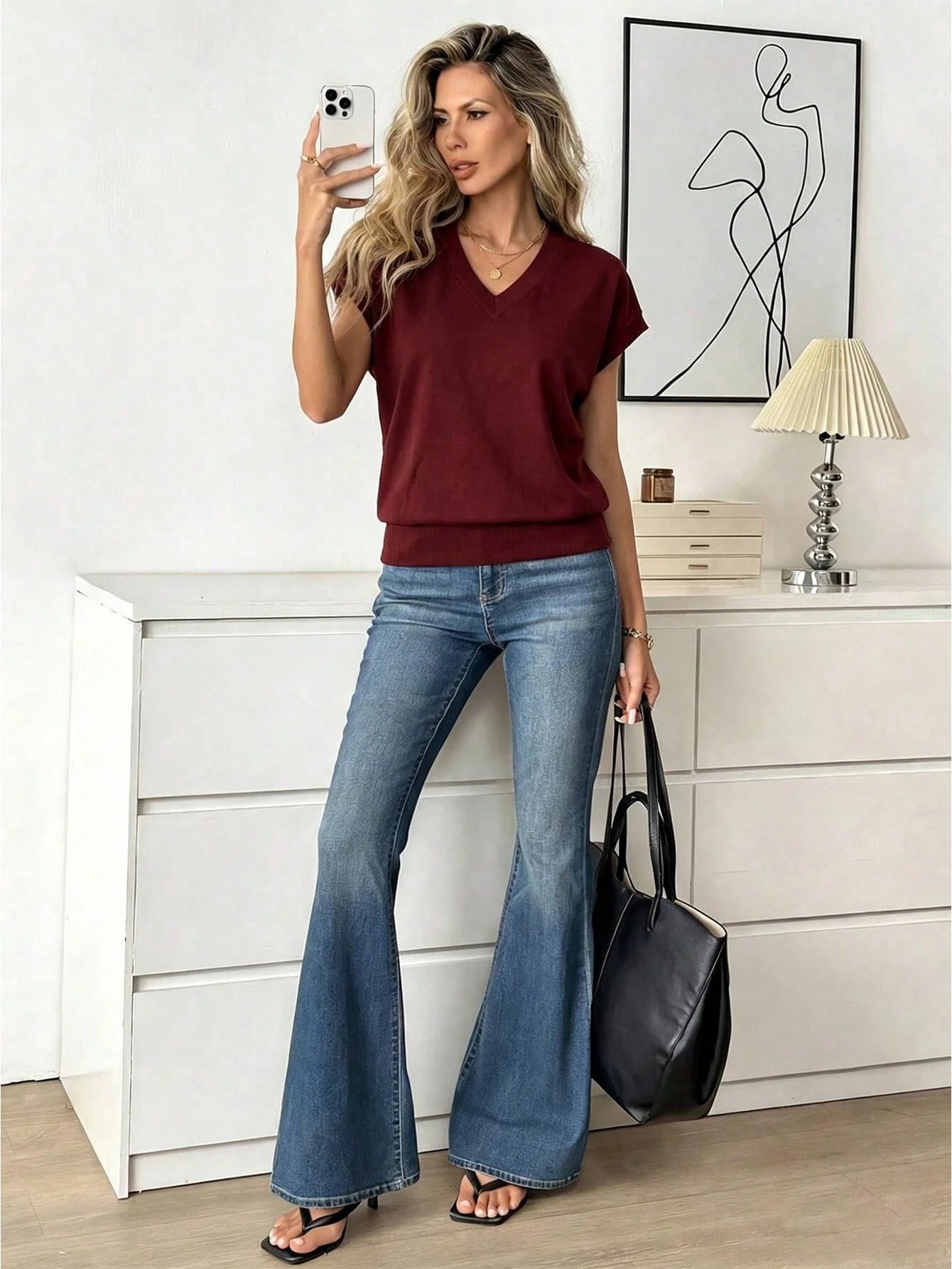 Easowa Women's Casual V-Neck Batwing Sleeve T-Shirt, Solid Color, Summer Tops Jeans Clothes Ladies Outfits Blouses Demin Sets Office Brunch Everyday Burgundy