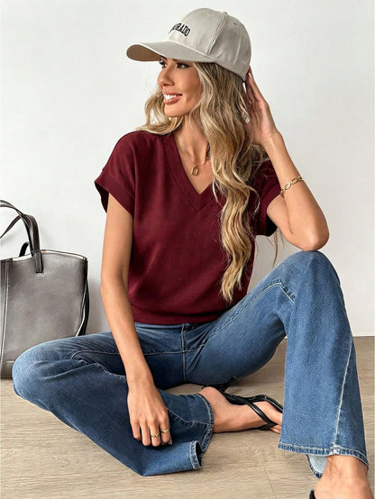 Easowa Women's Casual V-Neck Batwing Sleeve T-Shirt, Solid Color, Summer Tops Jeans Clothes Ladies Outfits Blouses Demin Sets Office Brunch Everyday Burgundy