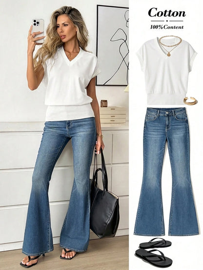 Easowa Women's Casual V-Neck Batwing Sleeve T-Shirt, Solid Color, Summer Tops Jeans Clothes Ladies Outfits Blouses Demin Sets Office Brunch Everyday Burgundy