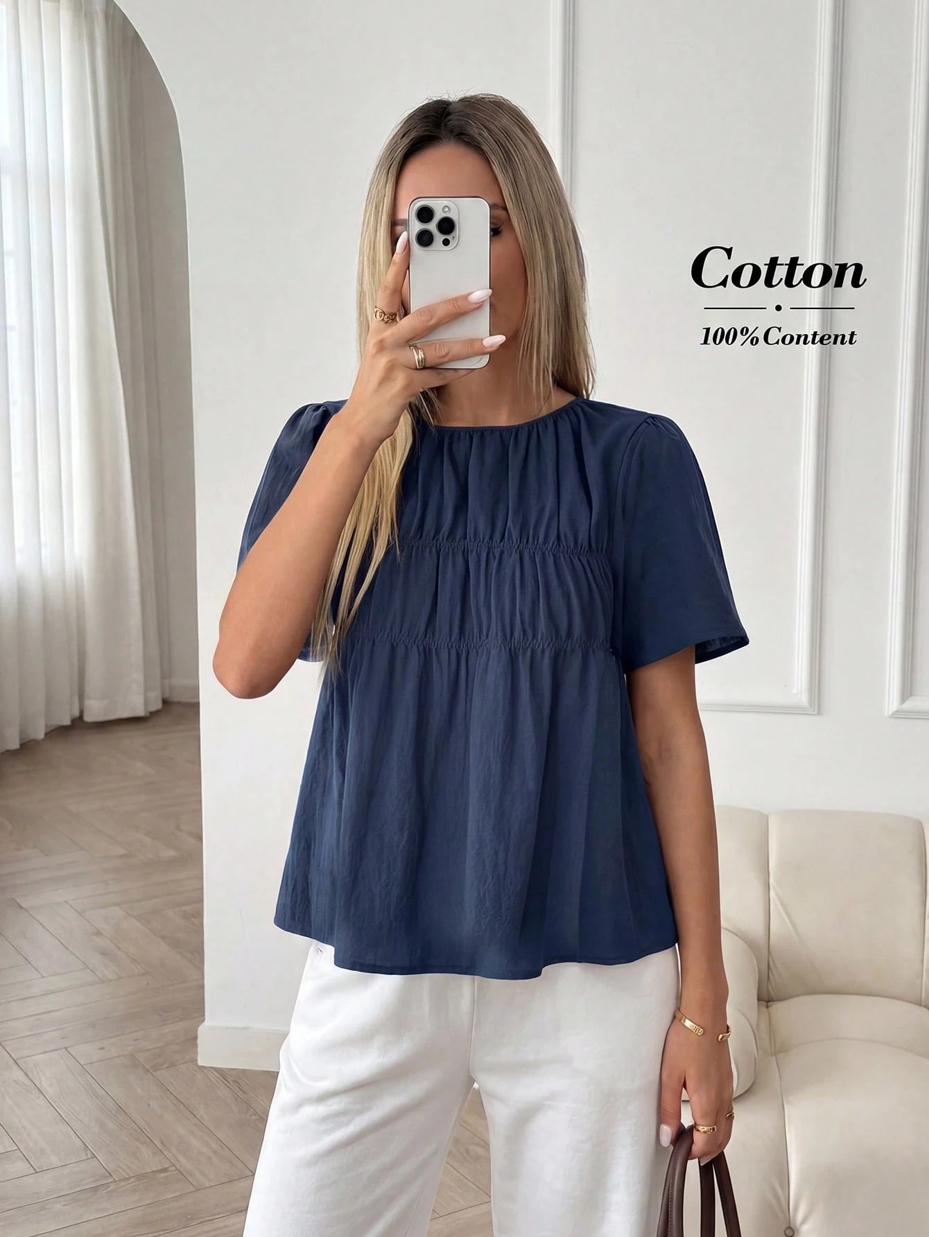 Easowa Women's Solid Color Pleated Casual Versatile Daily Wear Shirt Cotton Tops Puff Top For Women Blouses For Women Casual Casual Summer Top Tops For Women