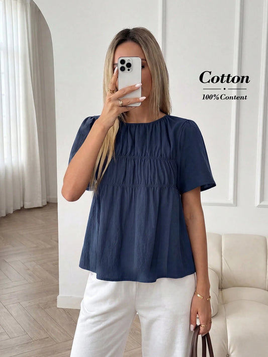 Easowa Women's Solid Color Pleated Casual Versatile Daily Wear Shirt Cotton Tops Puff Top For Women Blouses For Women Casual Casual Summer Top Tops For Women
