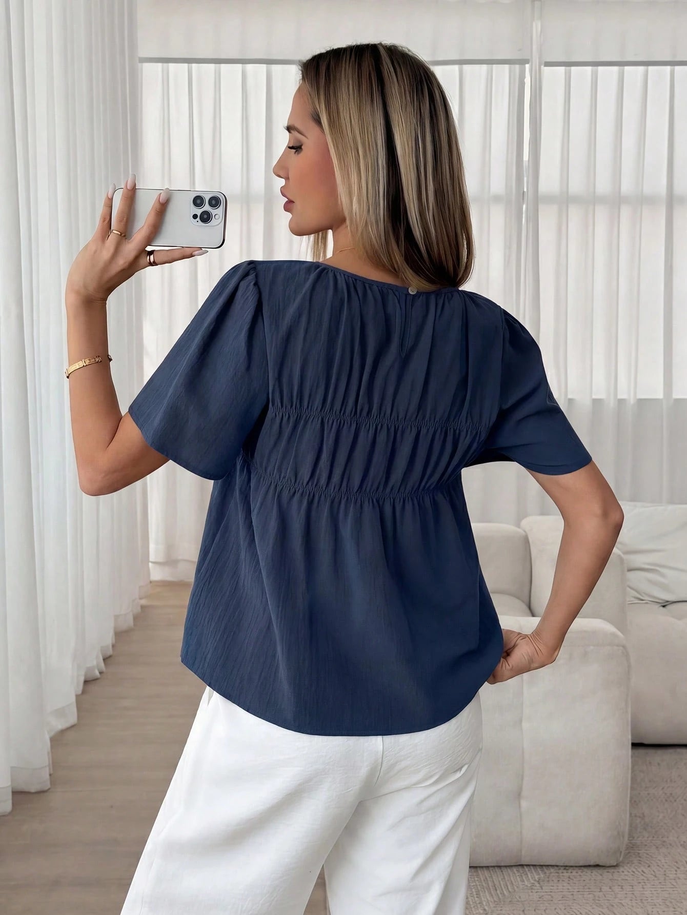 Easowa Women's Solid Color Pleated Casual Versatile Daily Wear Shirt Cotton Tops Puff Top For Women Blouses For Women Casual Casual Summer Top Tops For Women