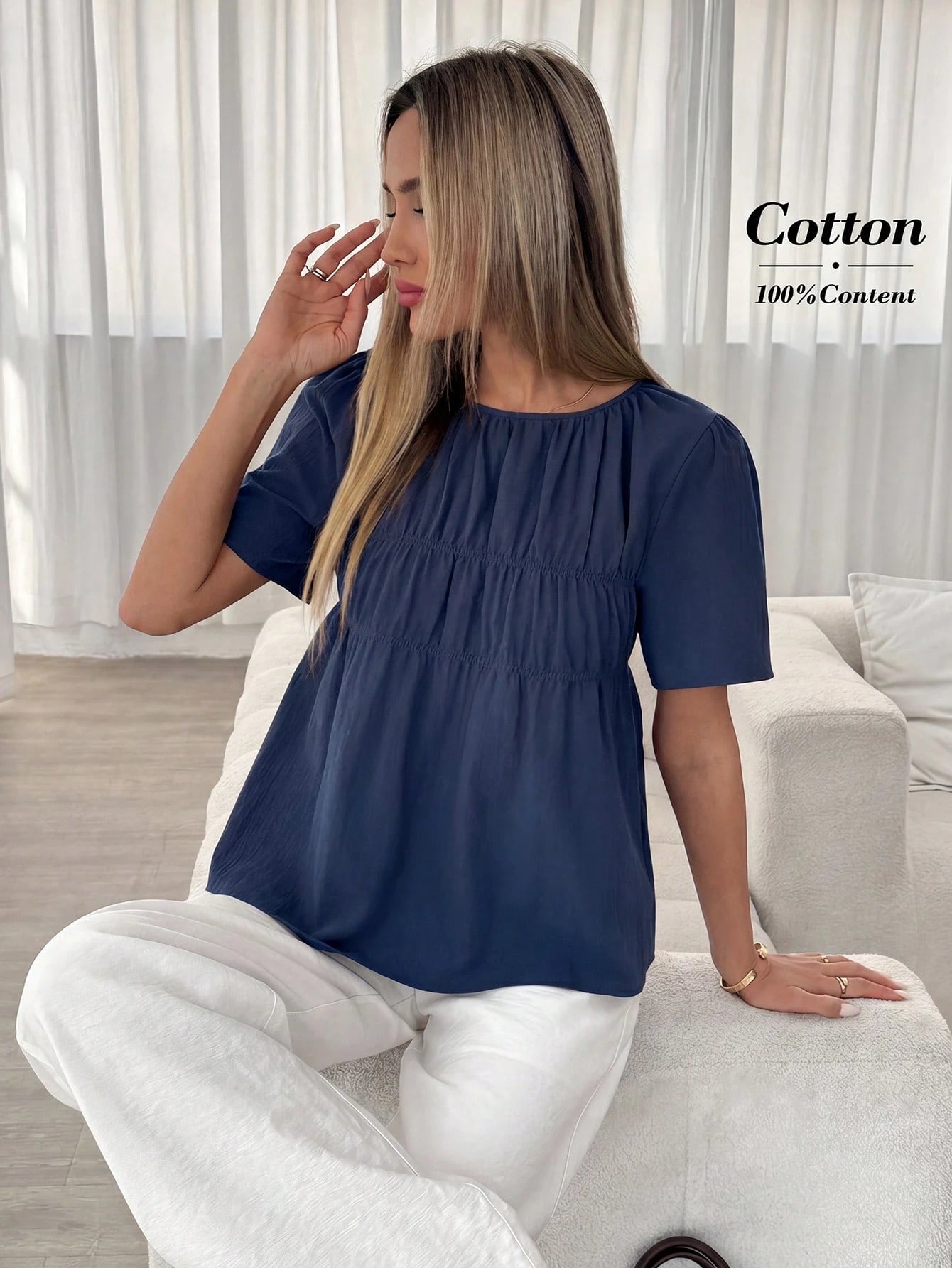 Easowa Women's Solid Color Pleated Casual Versatile Daily Wear Shirt Cotton Tops Puff Top For Women Blouses For Women Casual Casual Summer Top Tops For Women