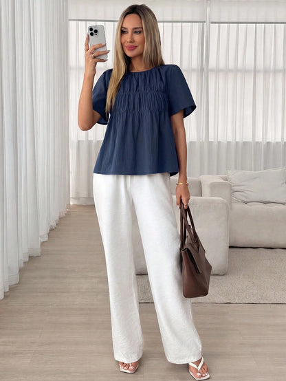 Easowa Women's Solid Color Pleated Casual Versatile Daily Wear Shirt Cotton Tops Puff Top For Women Blouses For Women Casual Casual Summer Top Tops For Women