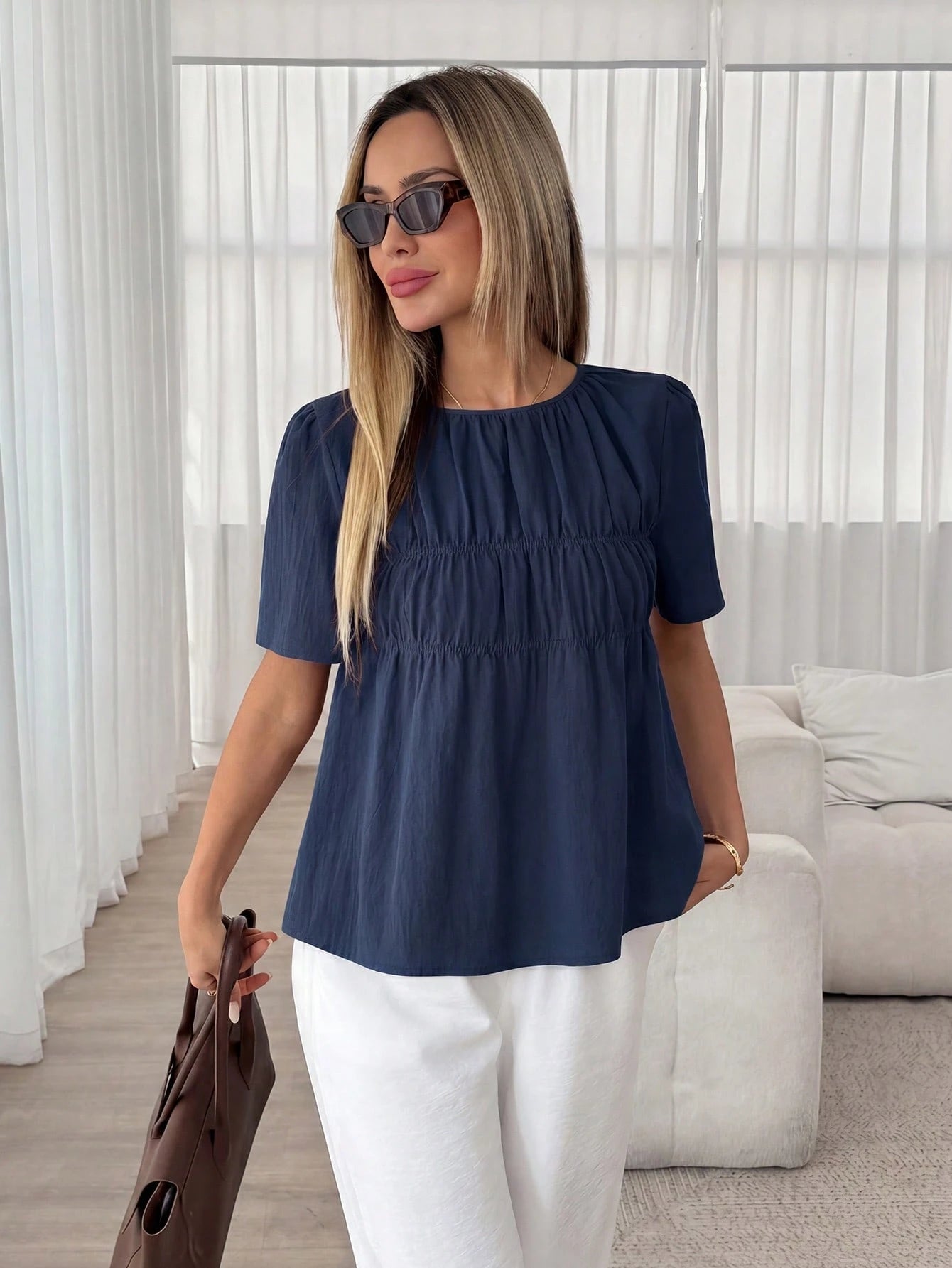 Easowa Women's Solid Color Pleated Casual Versatile Daily Wear Shirt Cotton Tops Puff Top For Women Blouses For Women Casual Casual Summer Top Tops For Women