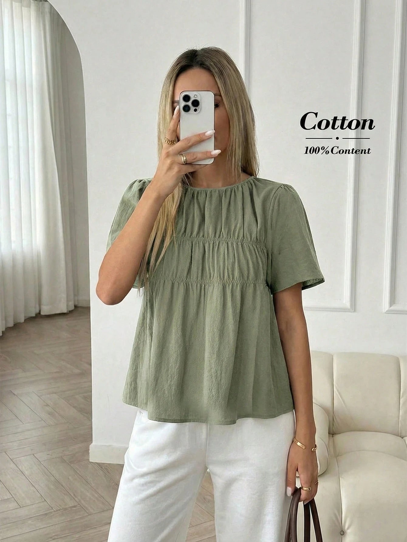 Easowa Women's Solid Color Pleated Casual Versatile Daily Wear Shirt Cotton Tops Puff Top For Women Blouses For Women Casual Casual Summer Top Tops For Women