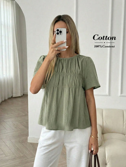 Easowa Women's Solid Color Pleated Casual Versatile Daily Wear Shirt Cotton Tops Puff Top For Women Blouses For Women Casual Casual Summer Top Tops For Women