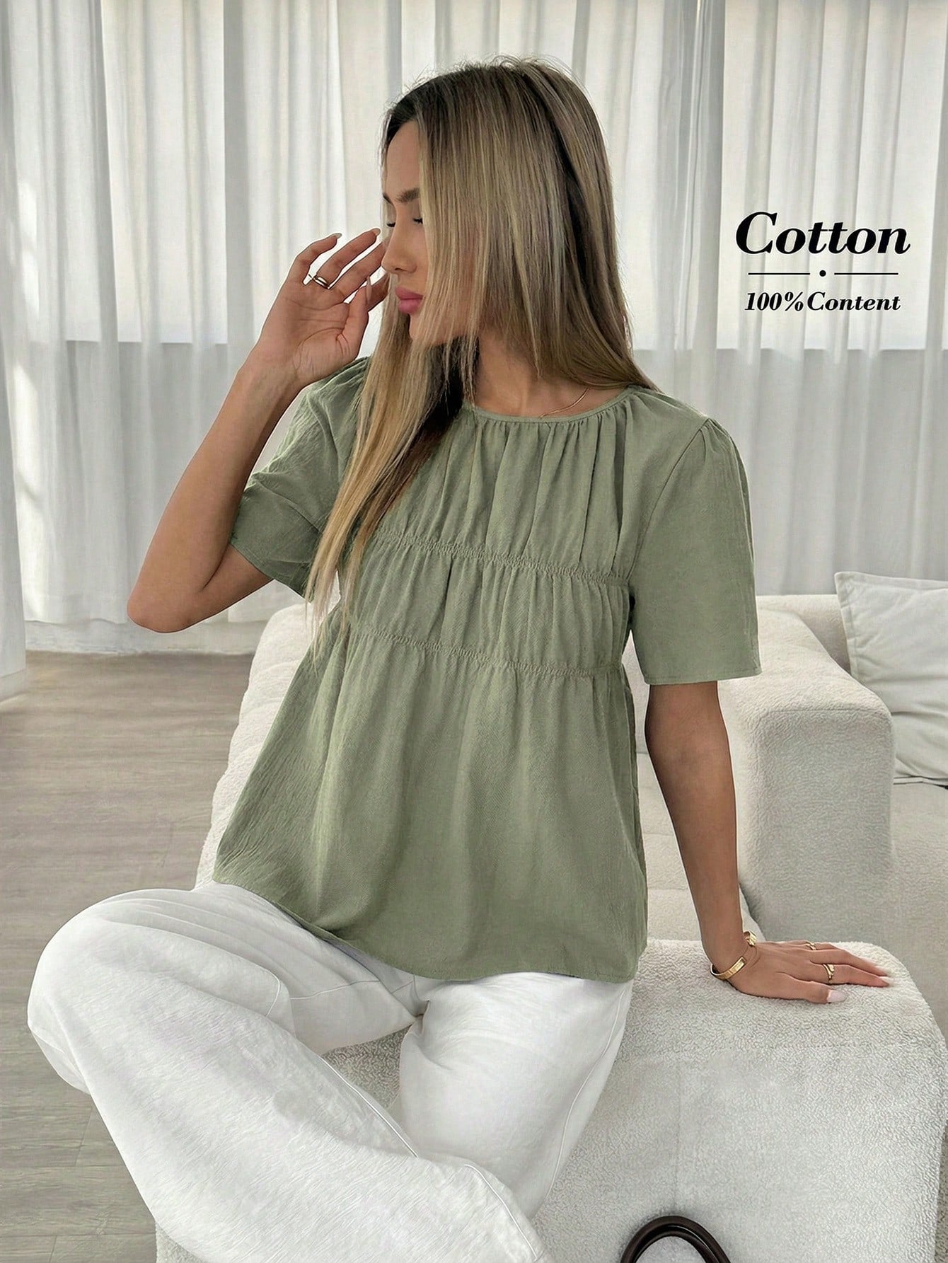 Easowa Women's Solid Color Pleated Casual Versatile Daily Wear Shirt Cotton Tops Puff Top For Women Blouses For Women Casual Casual Summer Top Tops For Women