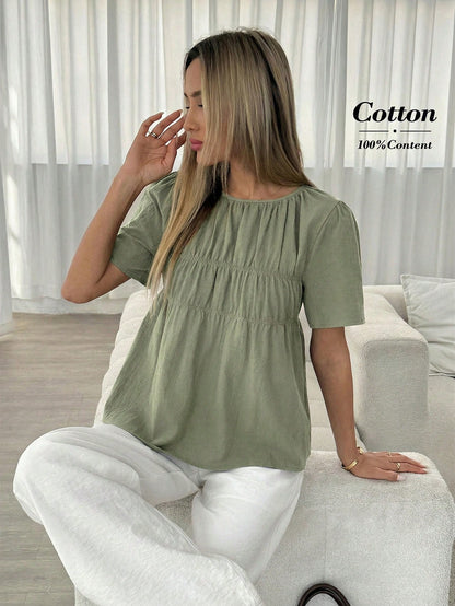Easowa Women's Solid Color Pleated Casual Versatile Daily Wear Shirt Cotton Tops Puff Top For Women Blouses For Women Casual Casual Summer Top Tops For Women