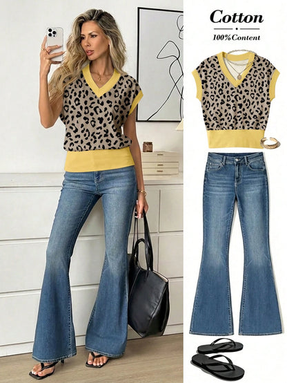 Easowa Women's V-Neck Printed T-Shirt, Summer Versatile, Casual Minimalist Vacation Bohemian Elegant Romantic Vintage Leopard Print Color Block Pattern T-Shirt, Commute, Music Festival, Beach, Vacatio