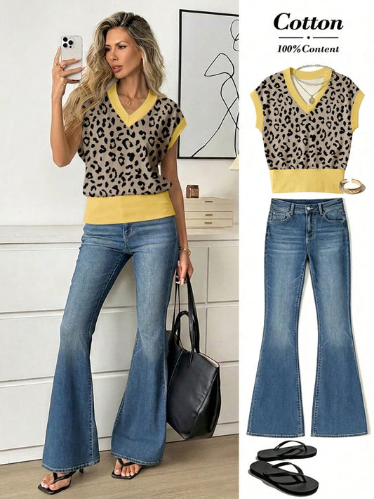 Easowa Women's V-Neck Printed T-Shirt, Summer Versatile, Casual Minimalist Vacation Bohemian Elegant Romantic Vintage Leopard Print Color Block Pattern T-Shirt, Commute, Music Festival, Beach, Vacatio