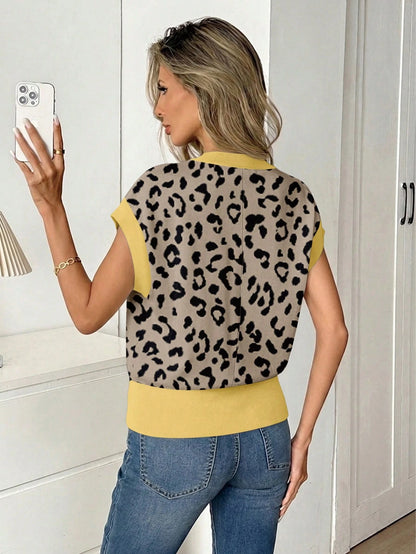 Easowa Women's V-Neck Printed T-Shirt, Summer Versatile, Casual Minimalist Vacation Bohemian Elegant Romantic Vintage Leopard Print Color Block Pattern T-Shirt, Commute, Music Festival, Beach, Vacatio