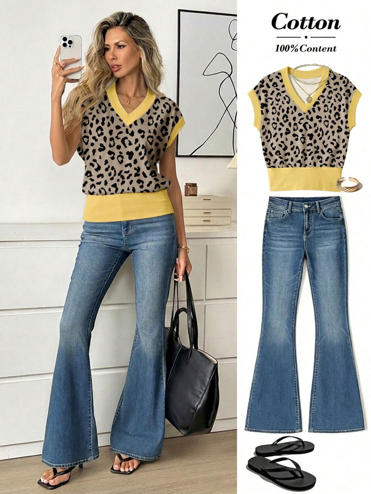 Easowa Women's V-Neck Printed T-Shirt, Summer Versatile, Casual Minimalist Vacation Bohemian Elegant Romantic Vintage Leopard Print Color Block Pattern T-Shirt, Commute, Music Festival, Beach, Vacatio
