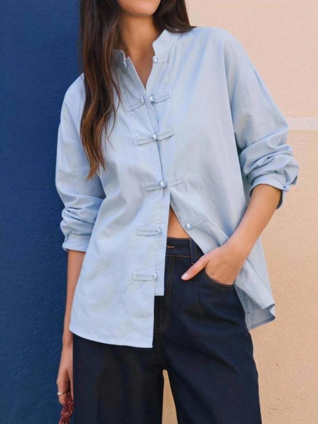 EastFlair Casual Elegant Versatile Solid Color Frog Button Shirt Brunch Travel Tea Party Light Blue Autumn For Everyday Wear Travel Travel Teachers' Day