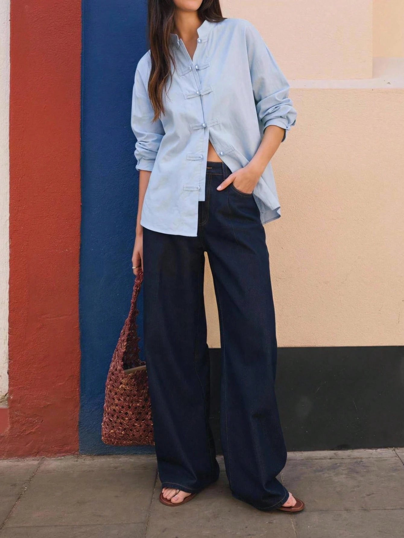 EastFlair Casual Elegant Versatile Solid Color Frog Button Shirt Brunch Travel Tea Party Light Blue Autumn For Everyday Wear Travel Travel Teachers' Day