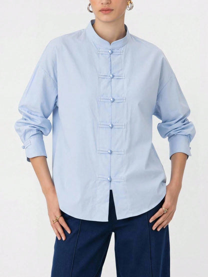 EastFlair Casual Elegant Versatile Solid Color Frog Button Shirt Brunch Travel Tea Party Light Blue Autumn For Everyday Wear Travel Travel Teachers' Day