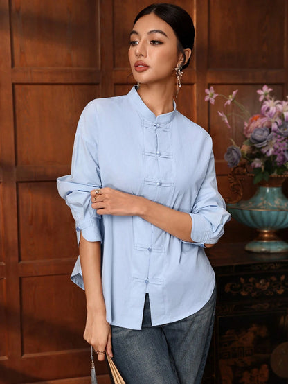 EastFlair Casual Elegant Versatile Solid Color Frog Button Shirt Brunch Travel Tea Party Light Blue Autumn For Everyday Wear Travel Travel Teachers' Day