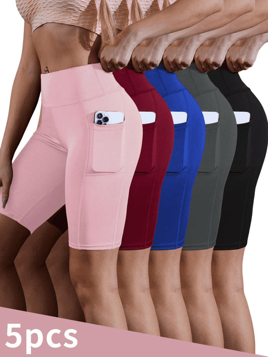 EBIOSVE 5Pcs Women Yoga Shorts With Pockets, High Waist Tummy Control Workout Shorts, Breathable Compression Athletic Shorts For Spring Summer Exercise, Athleisure