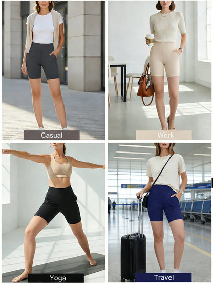 EBIOSVE 5Pcs Women Yoga Shorts With Pockets, High Waist Tummy Control Workout Shorts, Breathable Compression Athletic Shorts For Spring Summer Exercise, Athleisure