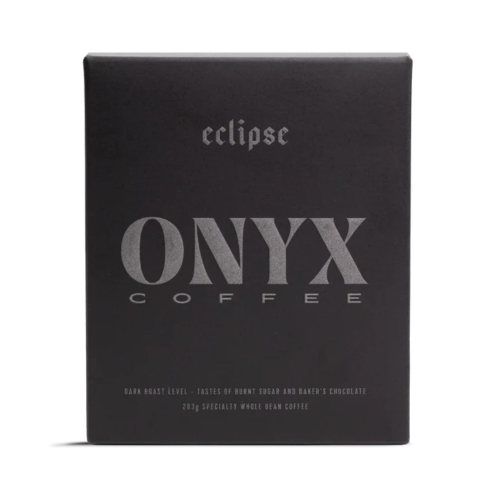 Dark Eclipse Onyx coffee box with the word eclipse in gothic type and a prominent ONYX logo.
