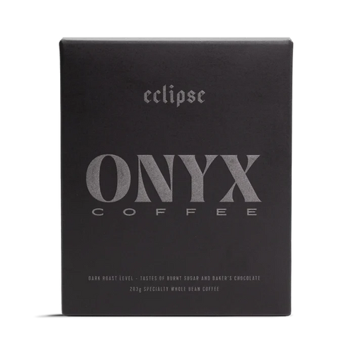 Dark Eclipse Onyx coffee box with the word eclipse in gothic type and a prominent ONYX logo.