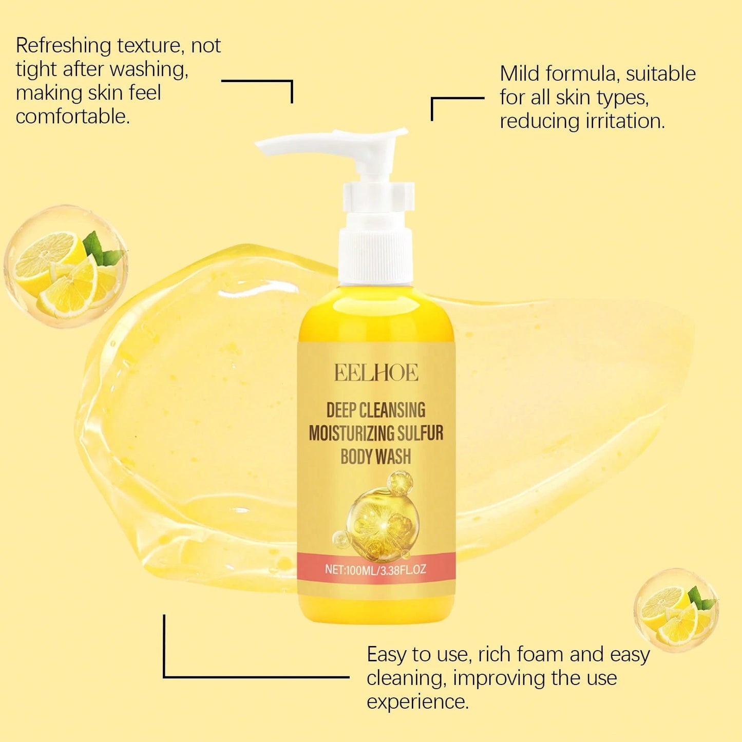 EELHOE 100ml Sulfur Body Wash| Soothing Aloe Vera & Lemon Extract Shower Gel| Gentle Deep Pore Cleansing & Moisturizing| For Dry, Rough & Bumpy Skin, Refreshing Summer Body Care,Skin Care,Travel Es