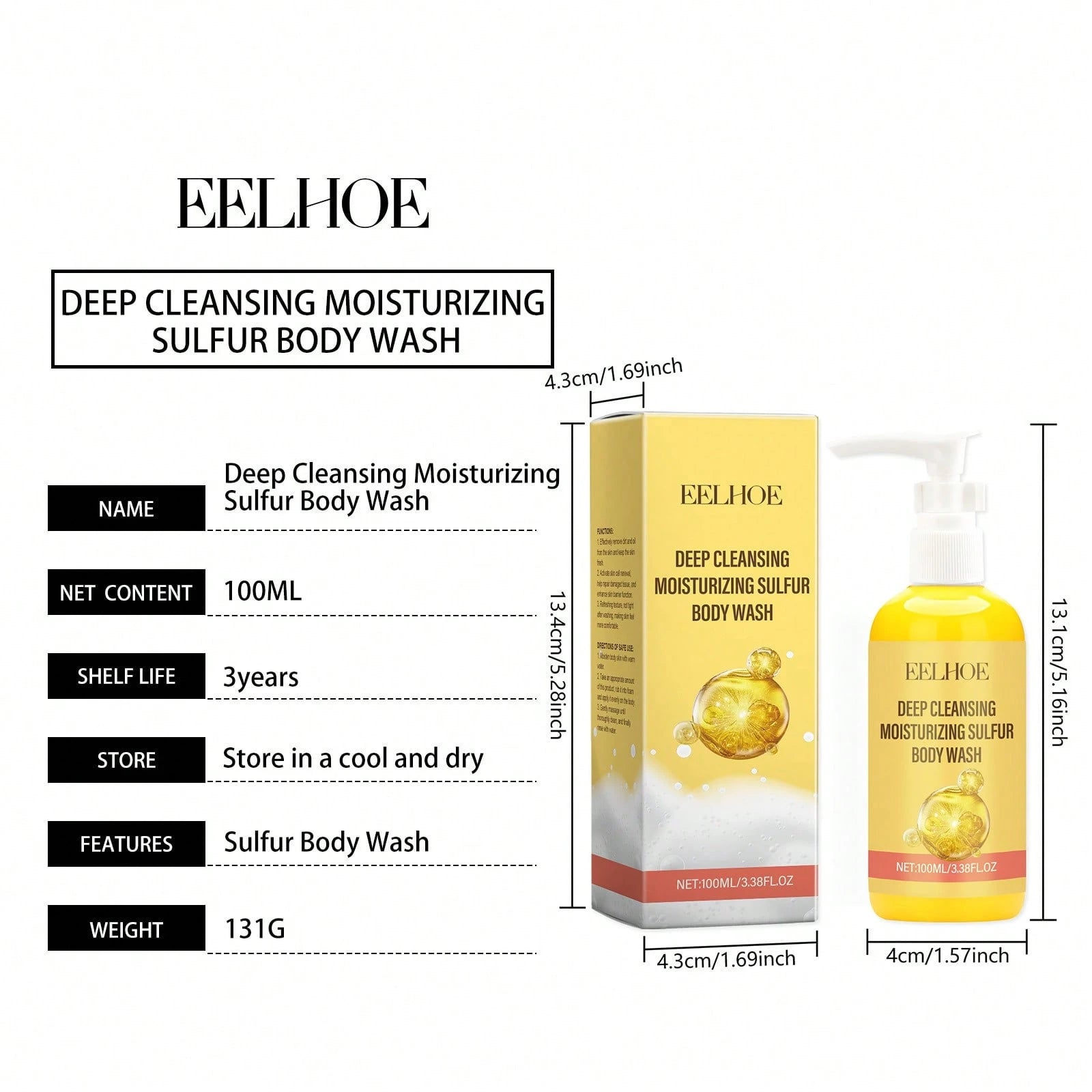 EELHOE 100ml Sulfur Body Wash| Soothing Aloe Vera & Lemon Extract Shower Gel| Gentle Deep Pore Cleansing & Moisturizing| For Dry, Rough & Bumpy Skin, Refreshing Summer Body Care,Skin Care,Travel Es