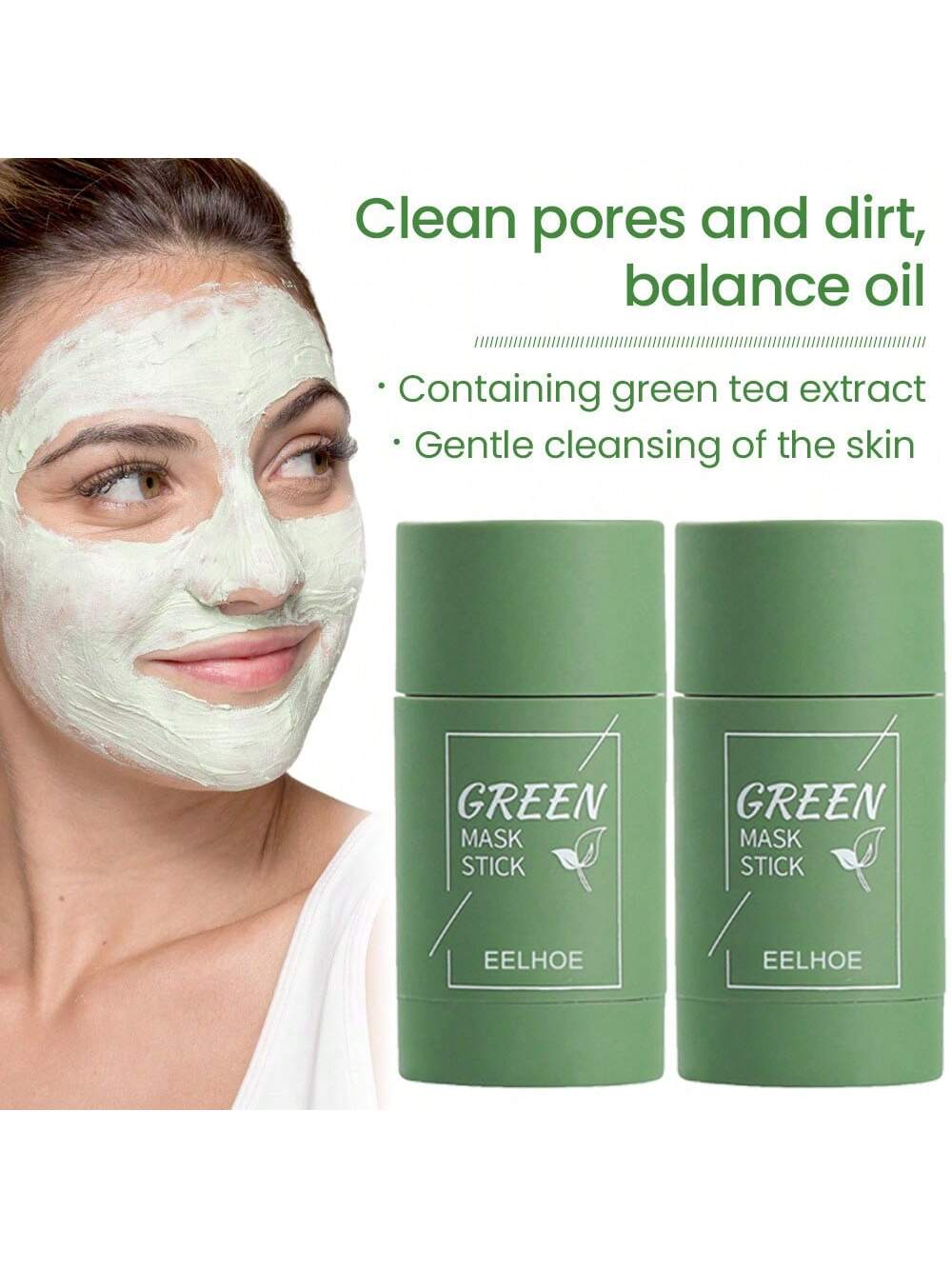 EELHOE 2pcs,Green Tea Mud Film, Deeply Cleanses Pores, Removes Blackheads, Delicately Shrinks Pores, Gently Cleanses, Controls Oil, Moisturizes, Smear-Type Mud Film Stick