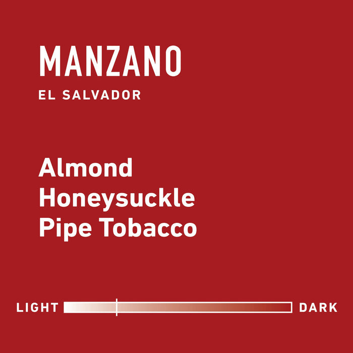 El Salvador El Manzano coffee label on a red panel with white text and decorative graphics