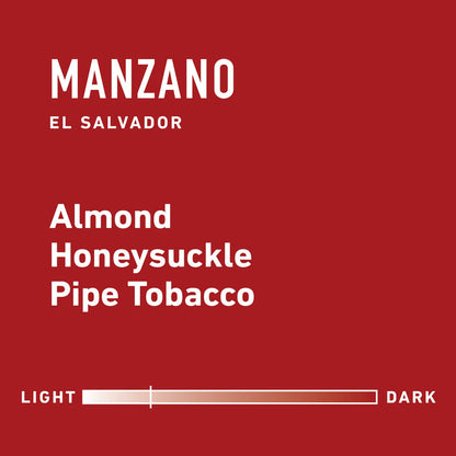 El Salvador El Manzano coffee label on a red panel with white text and decorative graphics