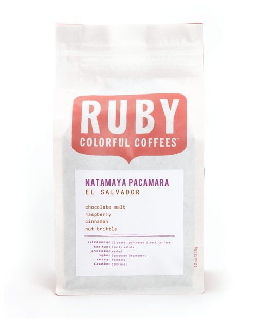 Ruby Colorful Coffees bag featuring Natamaya Pacamara El Salvador label on the front.