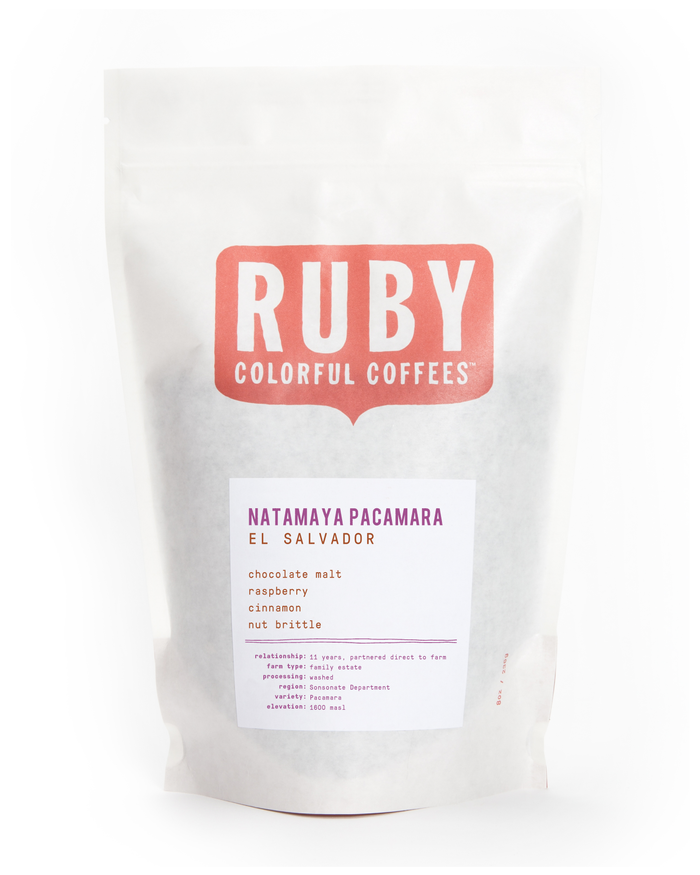 Front of Natamaya Pacamara El Salvador coffee bag with the Ruby logo.