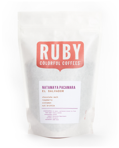 Front of Natamaya Pacamara El Salvador coffee bag with the Ruby logo.