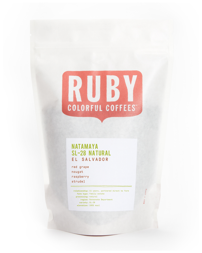 Ruby Colorful Coffees bag with Natamaya SL-28 Natural El Salvador label visible on white package.