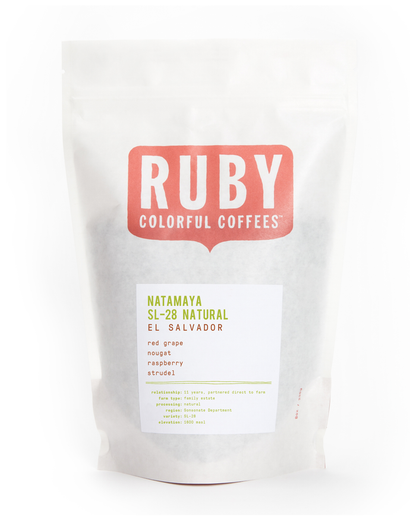 Ruby Colorful Coffees bag with Natamaya SL-28 Natural El Salvador label visible on white package.