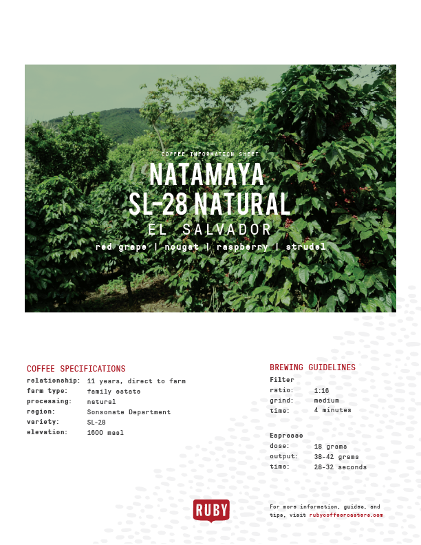 Natamaya SL-28 Natural El Salvador coffee information sheet with plantation image and brewing guidelines.